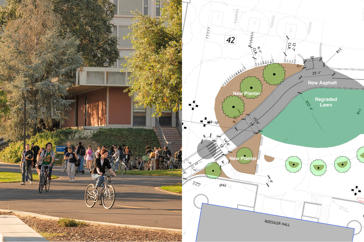 Left photo: campus walkway with students and cyclist; right: landscape plan with bioswale, trees