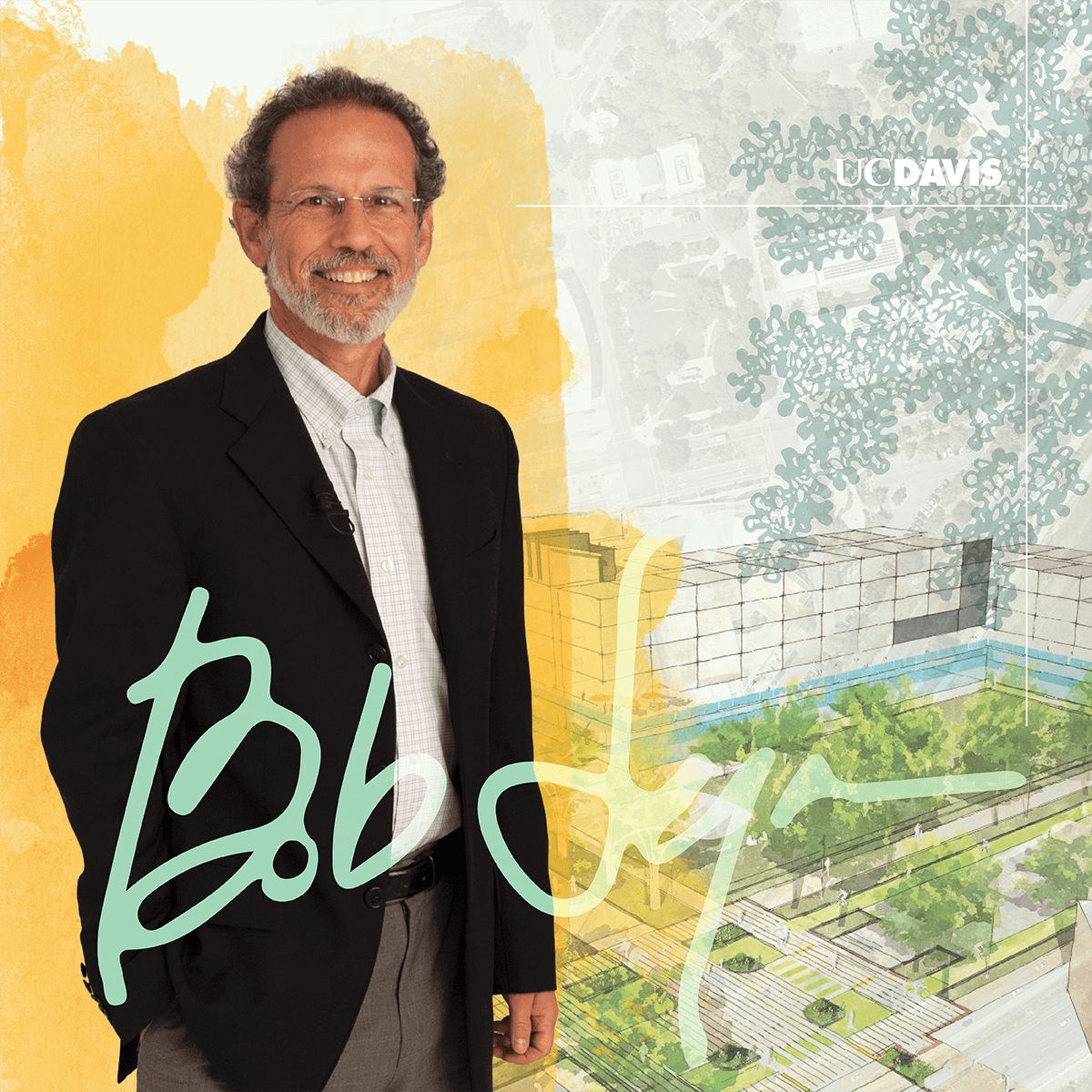 Bob Segar portrait with his signature and campus planning illustrations