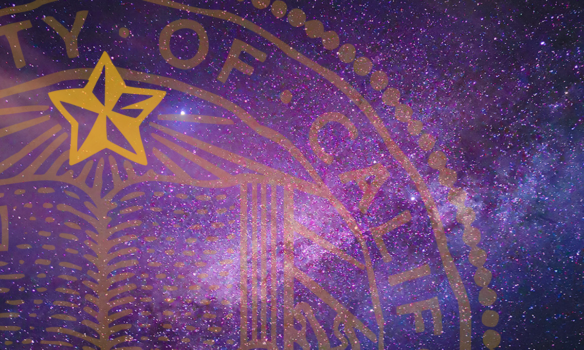 ecorative image of galaxy with closeup of university seal layered on top