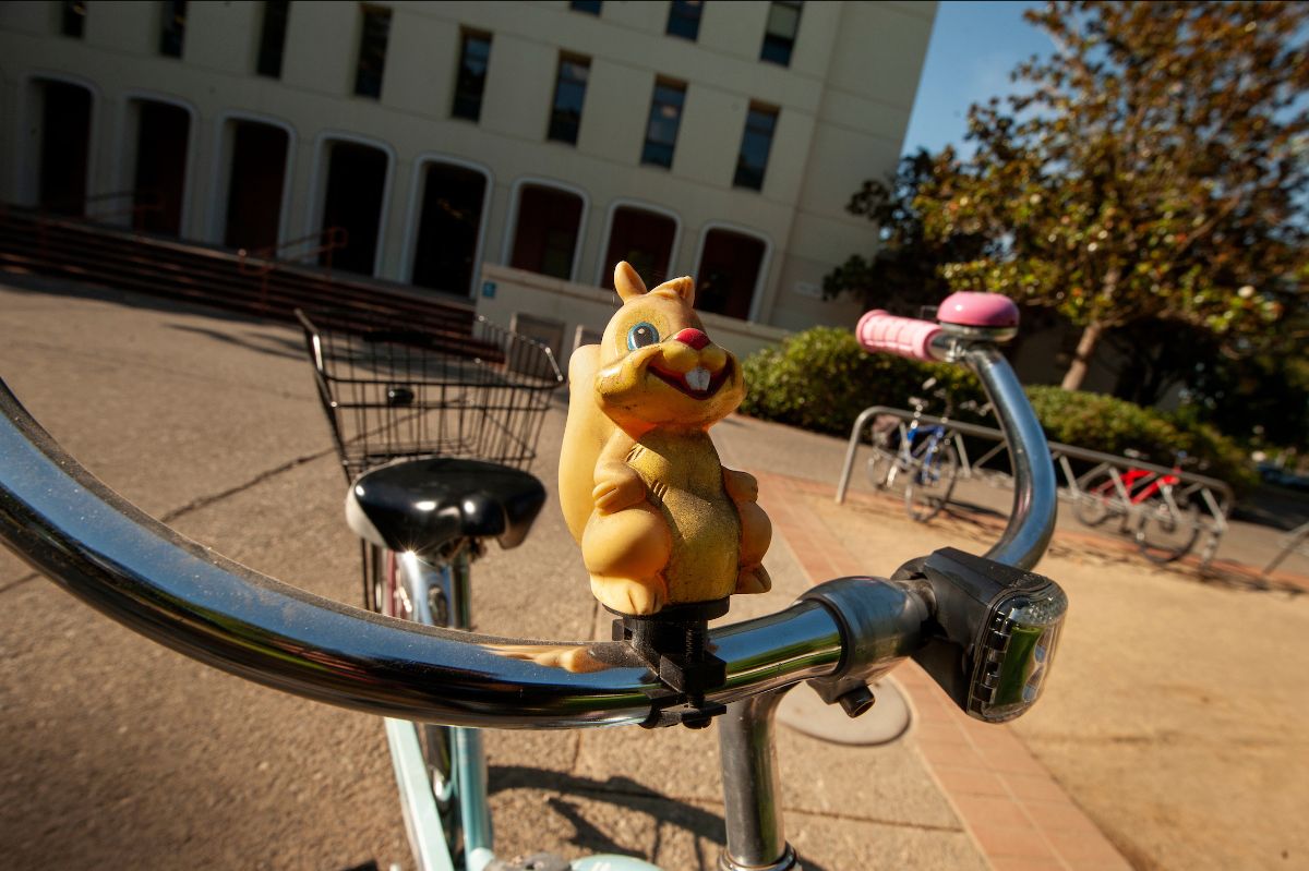 Cartoon squirrel figure perched on the handlebars of a bike parked outside of Mrak Hall