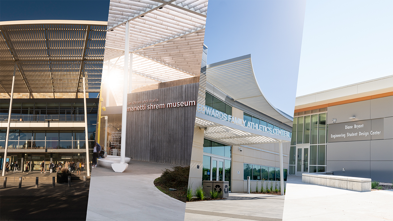 collage with Robert Mondavi Institute for Performing Arts, Shrem Museum, Edwards Family Athletic Center and Diane Bryant Center for Engineering