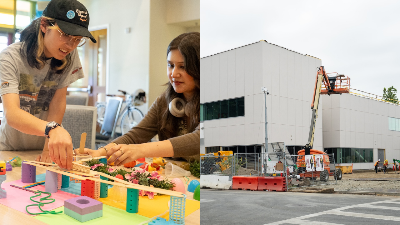 A collage of two photos. On the left, two people make a sculpture out of assorted items. On the right, construction equipment and workers in safety vests and helmets stand around the partially constructed Resnick Center for Agricultural Innovation.