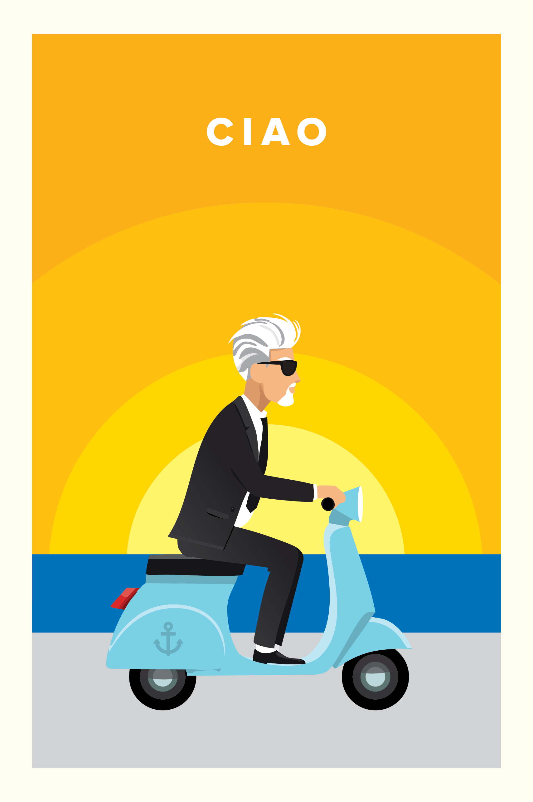 illustration of man riding a moped near the ocean