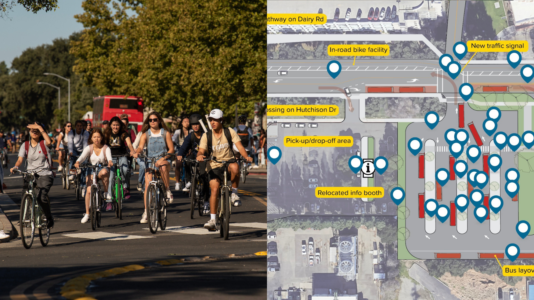 Graphic with two images. Photo on the left shows a dozen bikes approaching a traffic circle on the UC Davis campus. On the right, a diagram showing a proposed bus hub on the UC Davis campus.