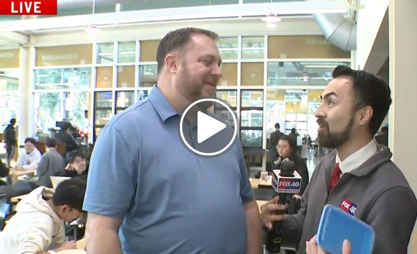 Thumbnail of video of Eric O'Brien being interviewed by a Fox40 news reporter in the Memorial Union at UC Davis.