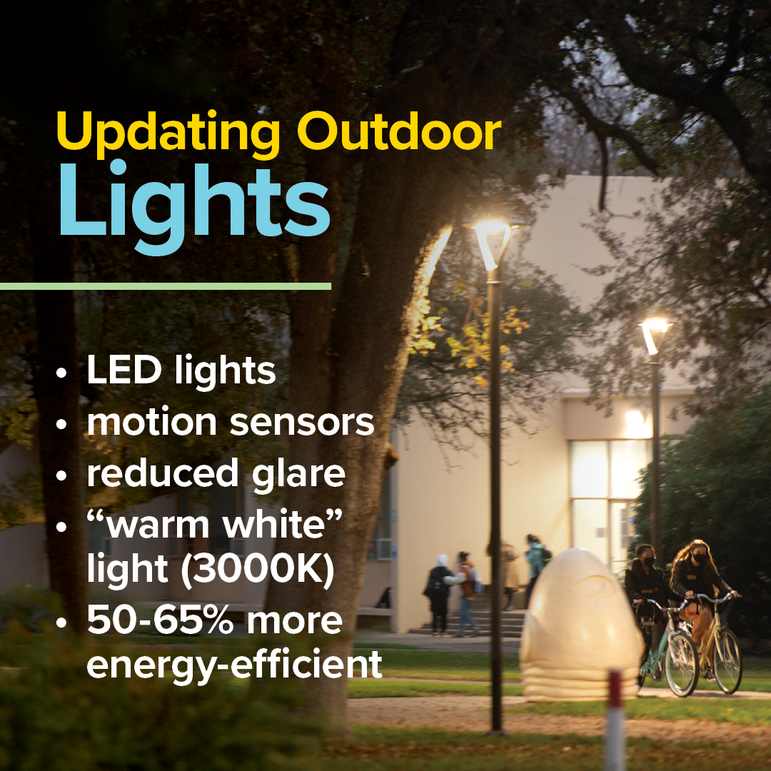 updating outdoor lighting - LED lights, motion sensors, reduced glare, "warm white" light (3000K), 50-65% more energy-efficient