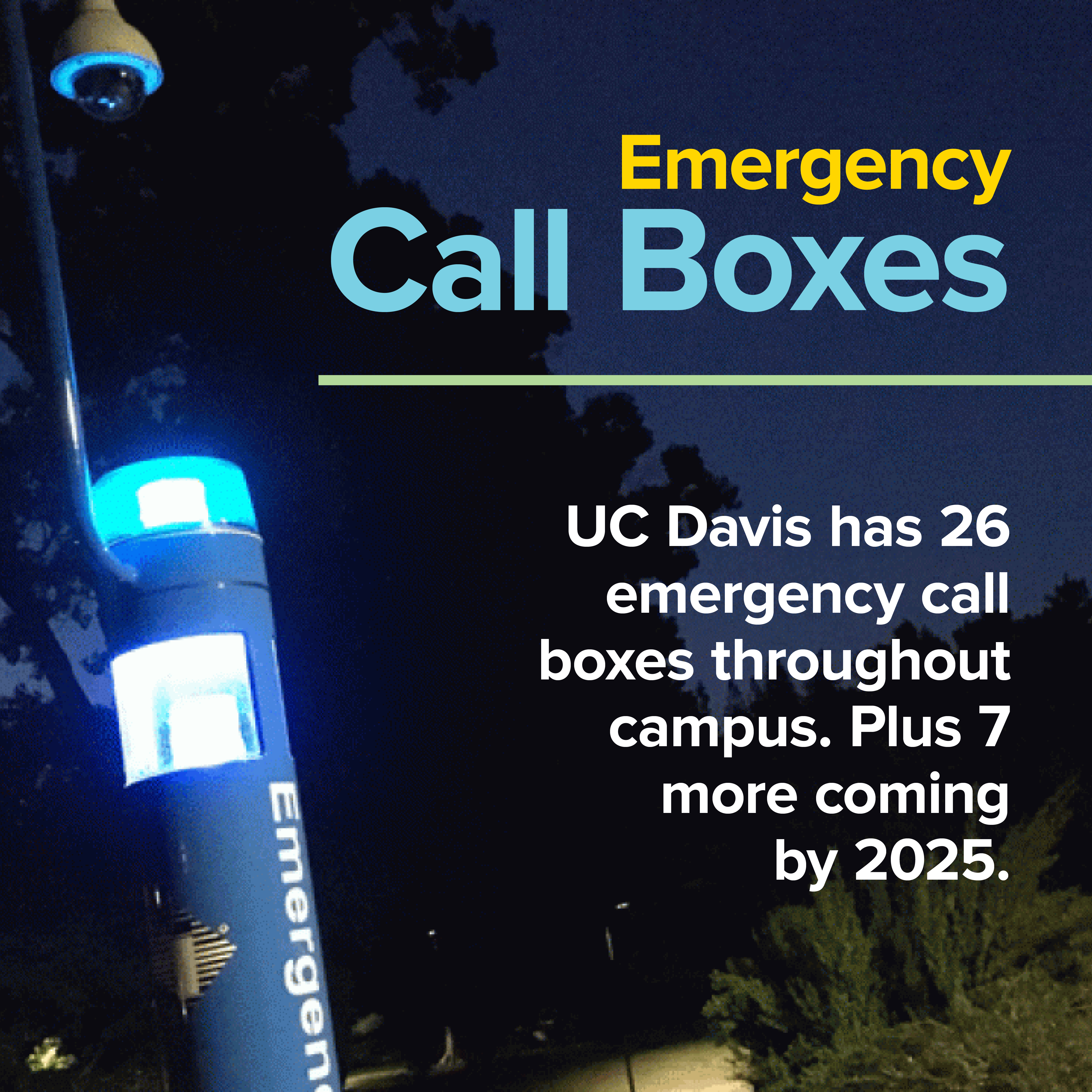 Emergency Call Boxes - UC Davis has 26 emergency call boxes.