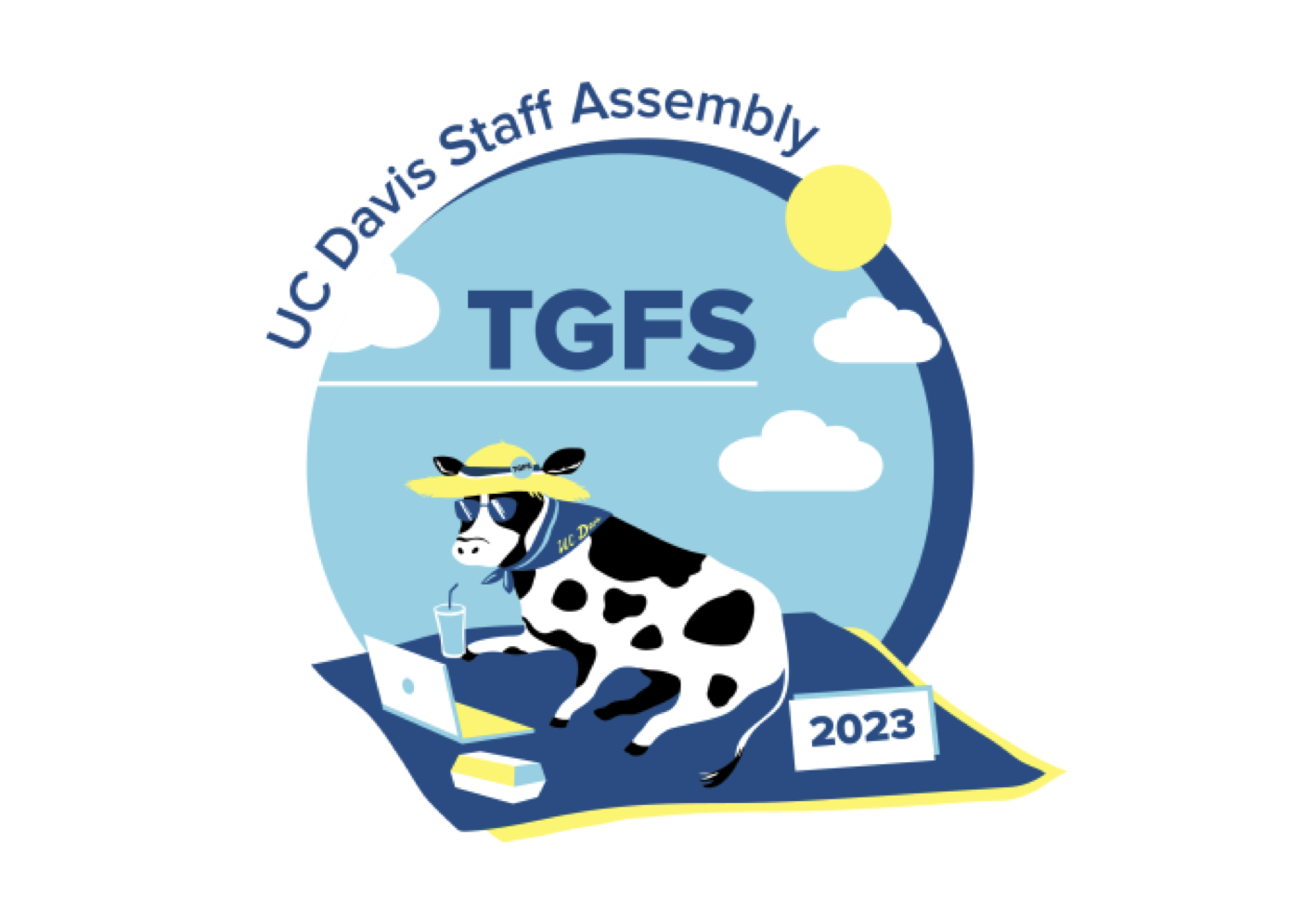 UC Davis Staff Assembly - TGFS 2023 logo - Cow enjoying a sunny picnic with hat, glasses, lemonade and laptop