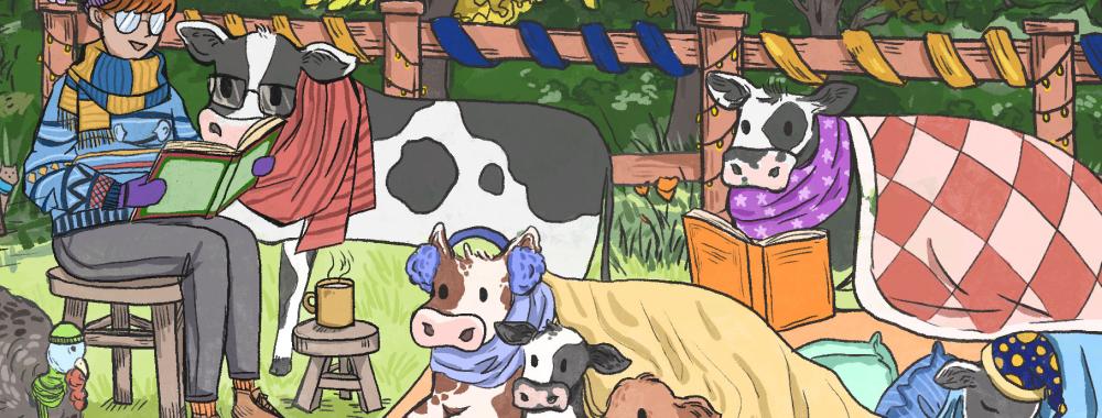 ilustration of woman reading a bedtime story to a group of cows and turkeys