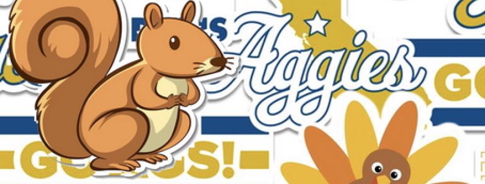 stickers - squirrel, turkey, Aggies, UCD