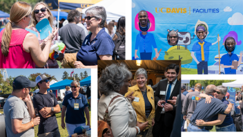 Kelly Ratliff talking and laughing with colleagues at multiple UC Davis events