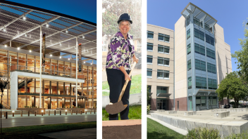Kelly Ratliff holds a shovel at a groundbreaking, with images of Mondavi Center and Genome Center