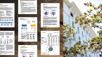 collage of budget documents with pie charts - and Mrak Hall's upper floors