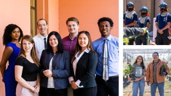 UC Davis students working in Mrak Hall, in the EMT training program with UC Davis Fire, and in the Arboretum and Public Garden's teaching nursery.