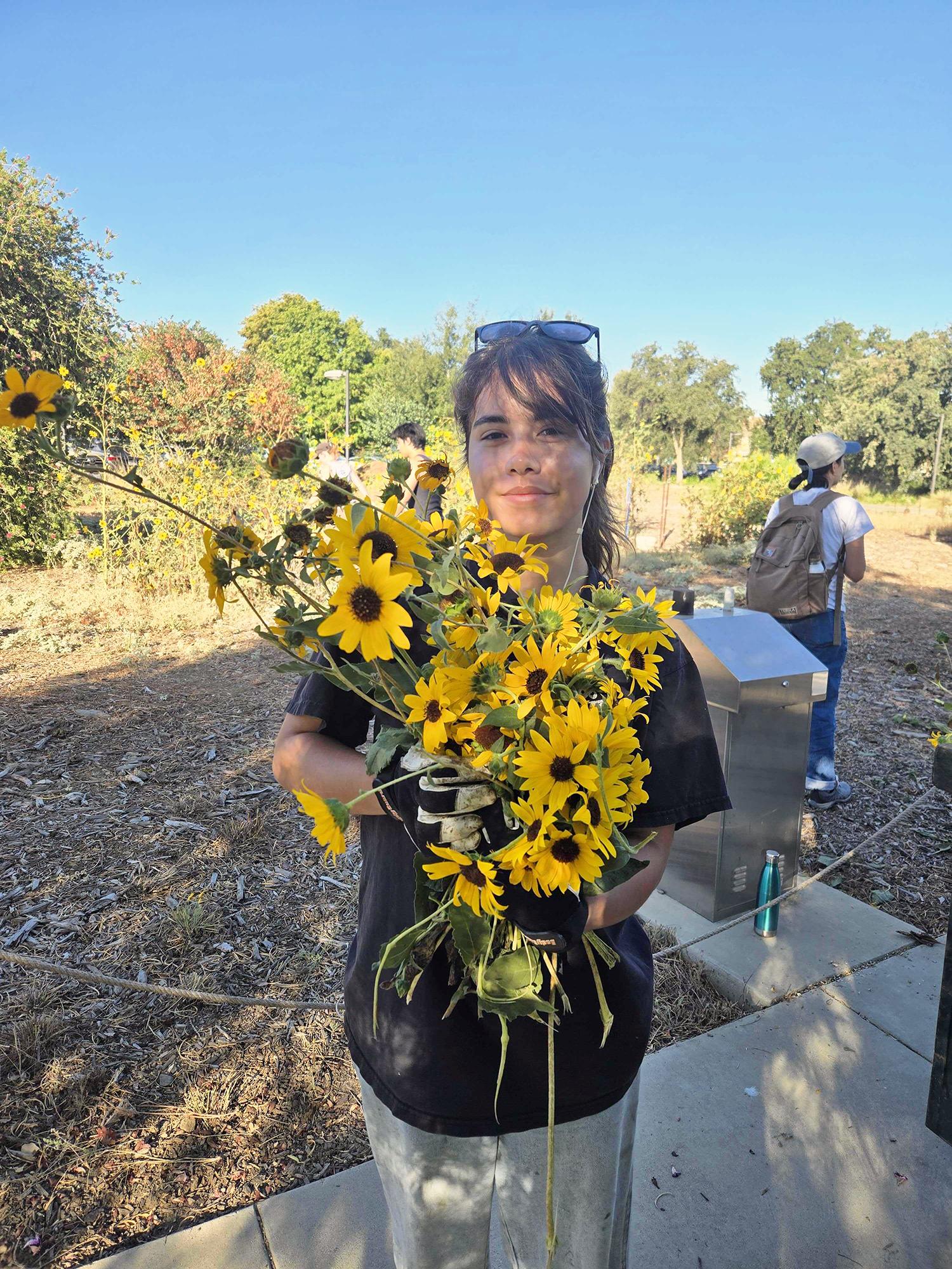 Student holding up bright yellow wildflowers, sunny path and trees behind her.