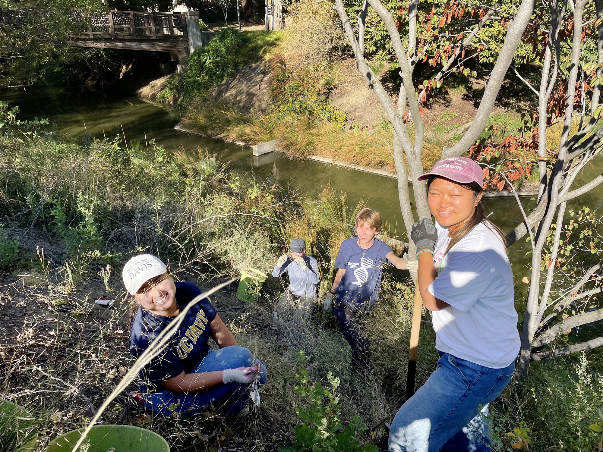 Four students smiling up at the camera from a waterway bank.
