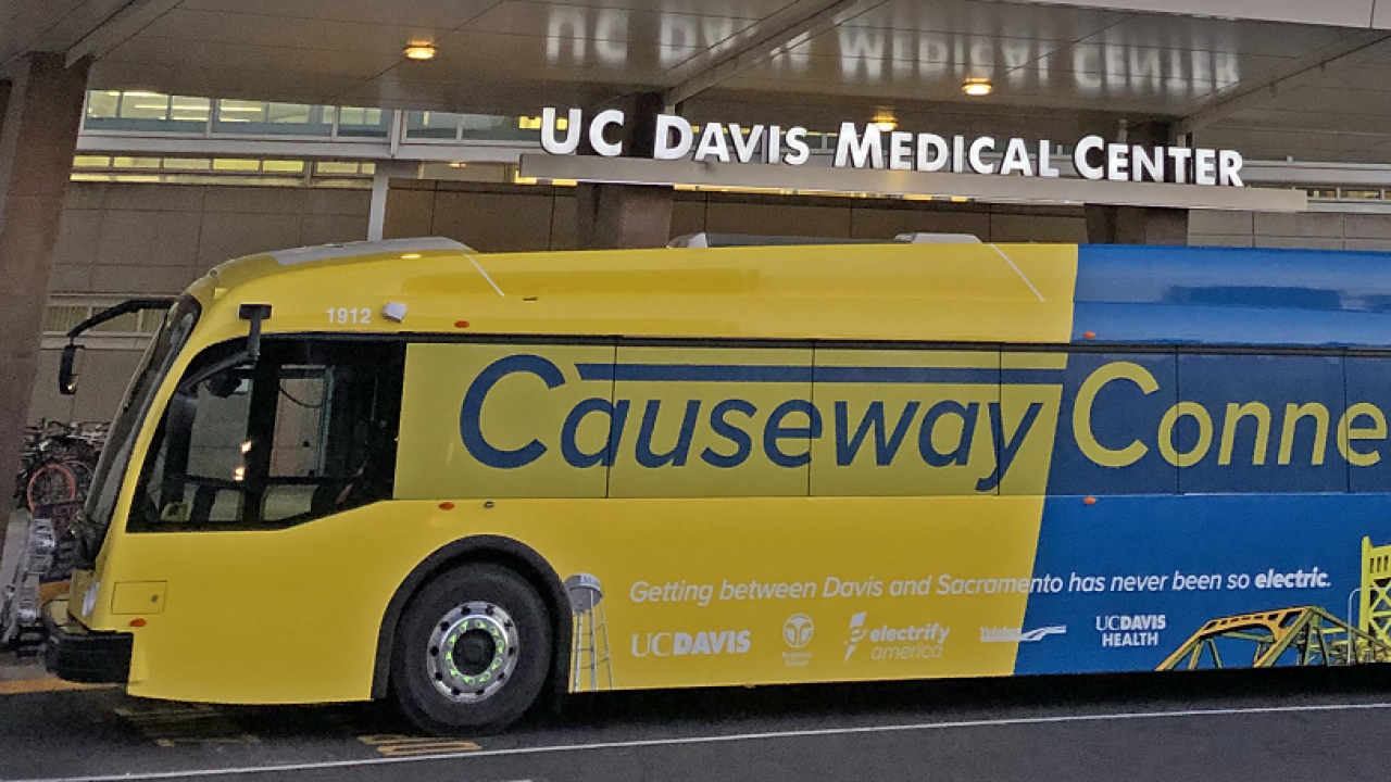 causeway connection electric bus parked in front of UC Davis Medical Center