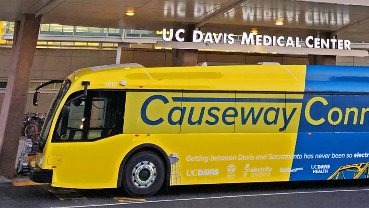 Photo of bus outside UC Davis medical building.