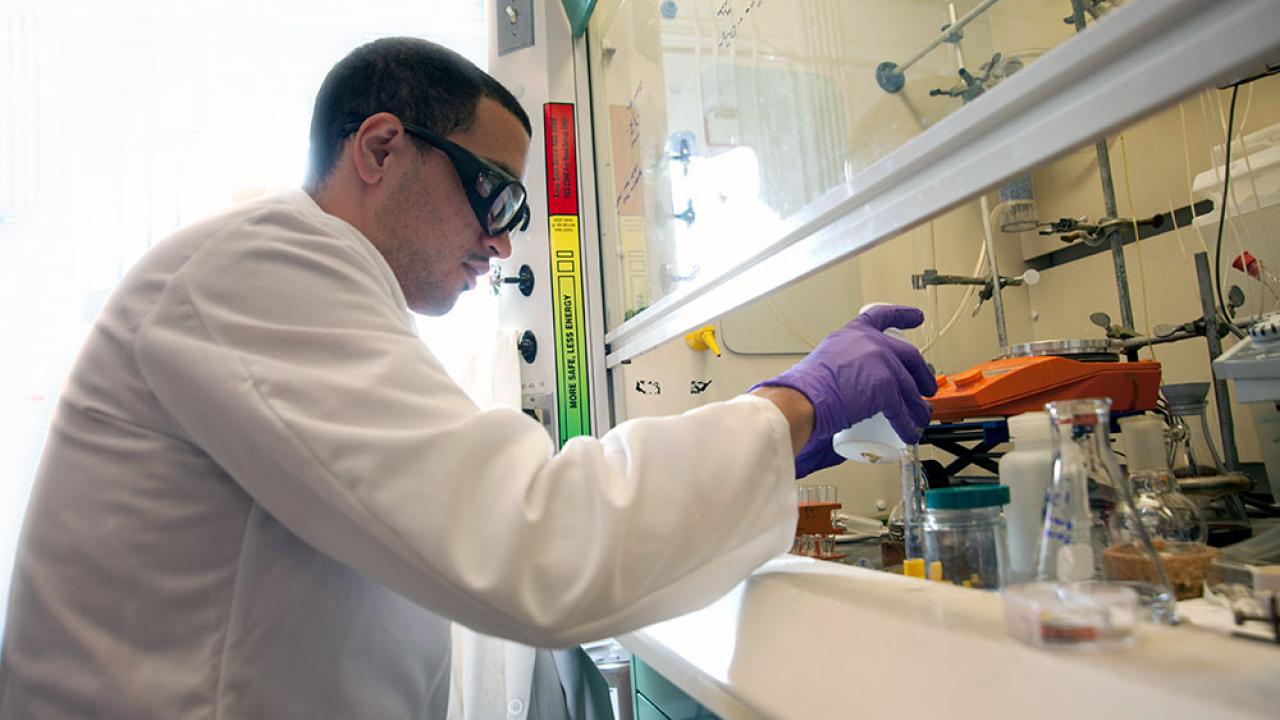 Photo: Gregory Urquiaga, UC Davis Photo of student working in laboratory.