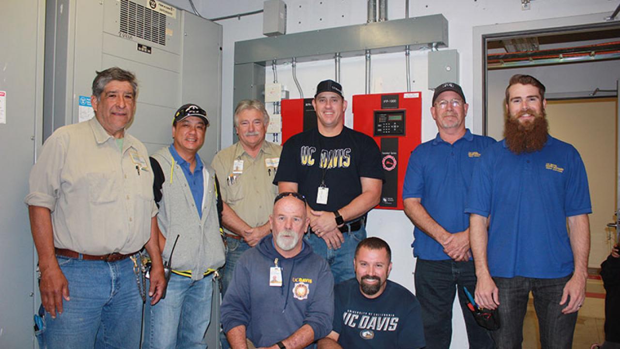 From left to right: John Alarcon, Cuong Lam, Brian Benchener, Steve Kynard, Lance Hamilton, Matthew Monroe, Don Petty and Blake Titus. Photo of fire alarm crew.