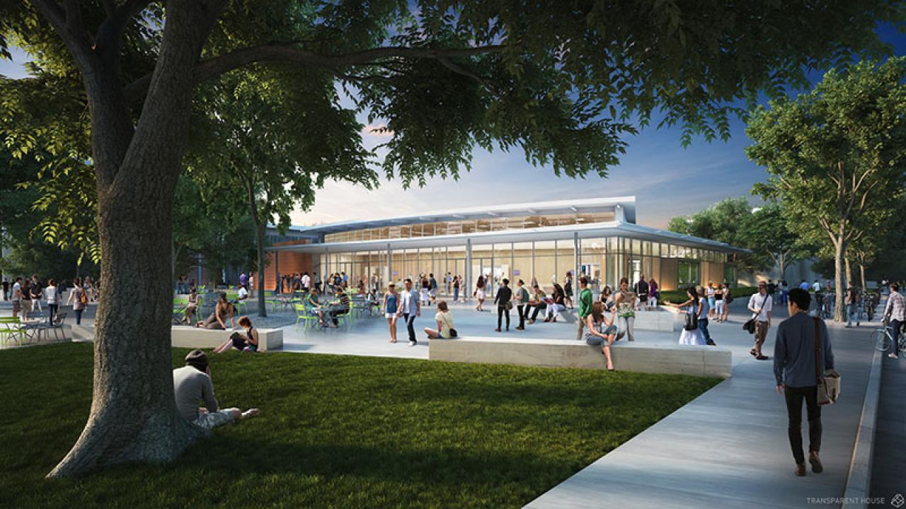Architect's rendering of lecture hall exterior. Architect's rendering of lecture hall exterior.