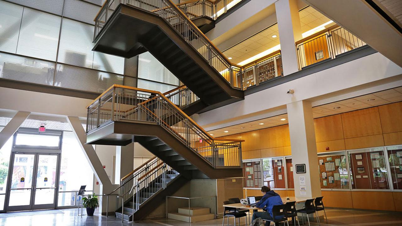 Ghausi Hall (above) is one of two laboratory buildings with new fault detection and diagnostics software to measure temperature, pressure and smoke sensors. Photo of Ghausi Hall interior