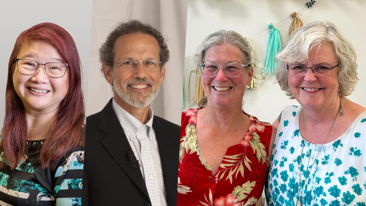 portrait colage of retiring employees - Eileen Beltran, Bob Segar, Mary Gibson and Roxanne Loe