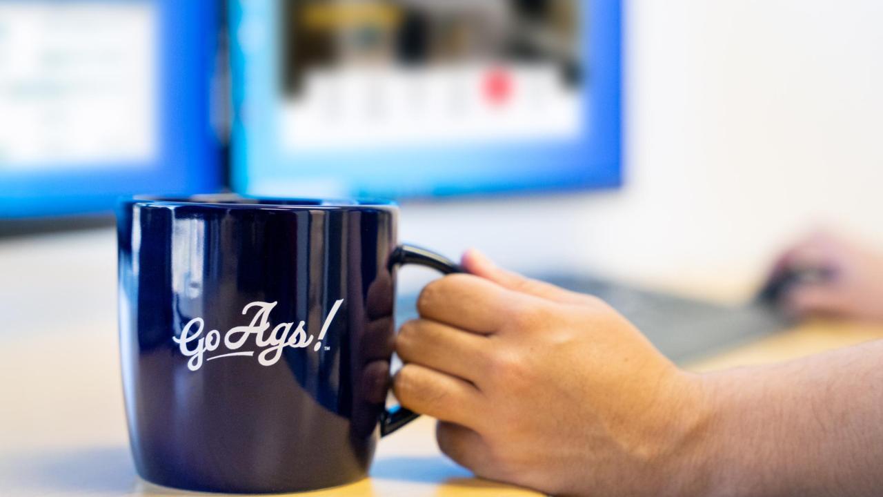 Go Ags! mug in use at a desk.
