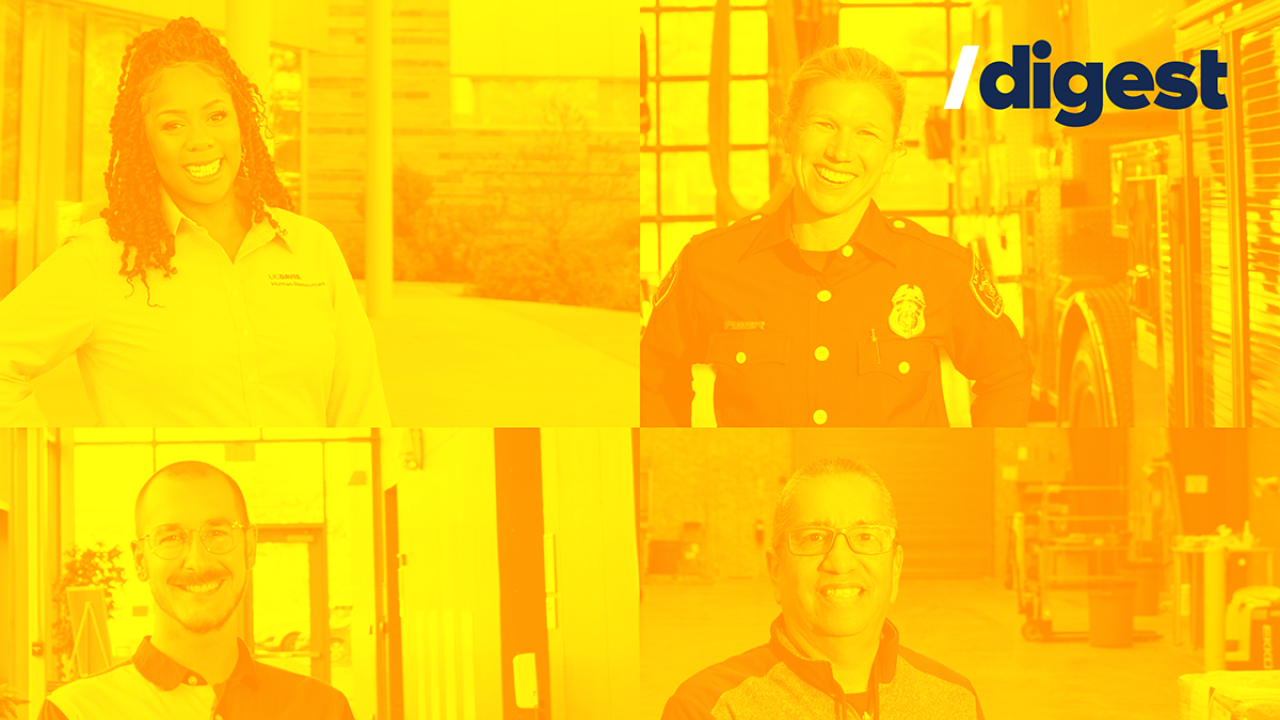 /digest header - collage of employees featuring Dreya Yin from Human Resources, Cara Martinez from the Fire Department, Michael Sandoval from the Storehouse/Central Receiving, and Scott Loewen-Towner from Staff Assembly.