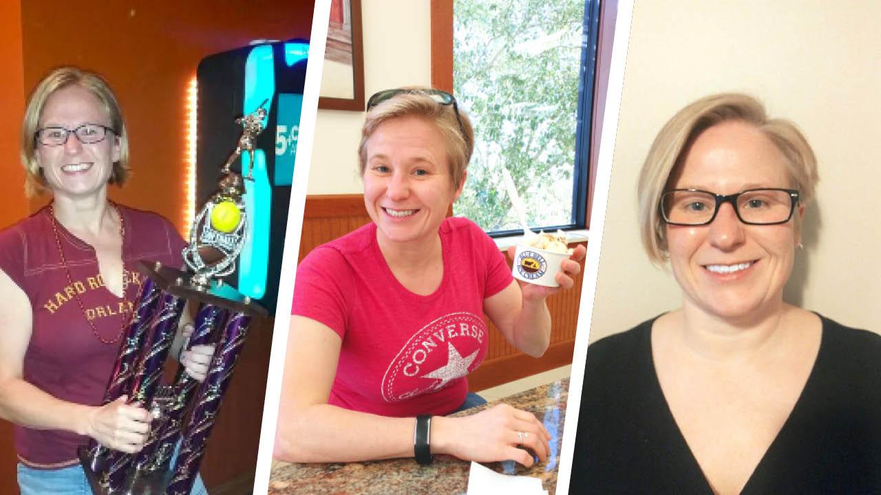 Three images of Nicole Tardiff - Holding a softball trophy, eating ice cream, and a professional headshot.