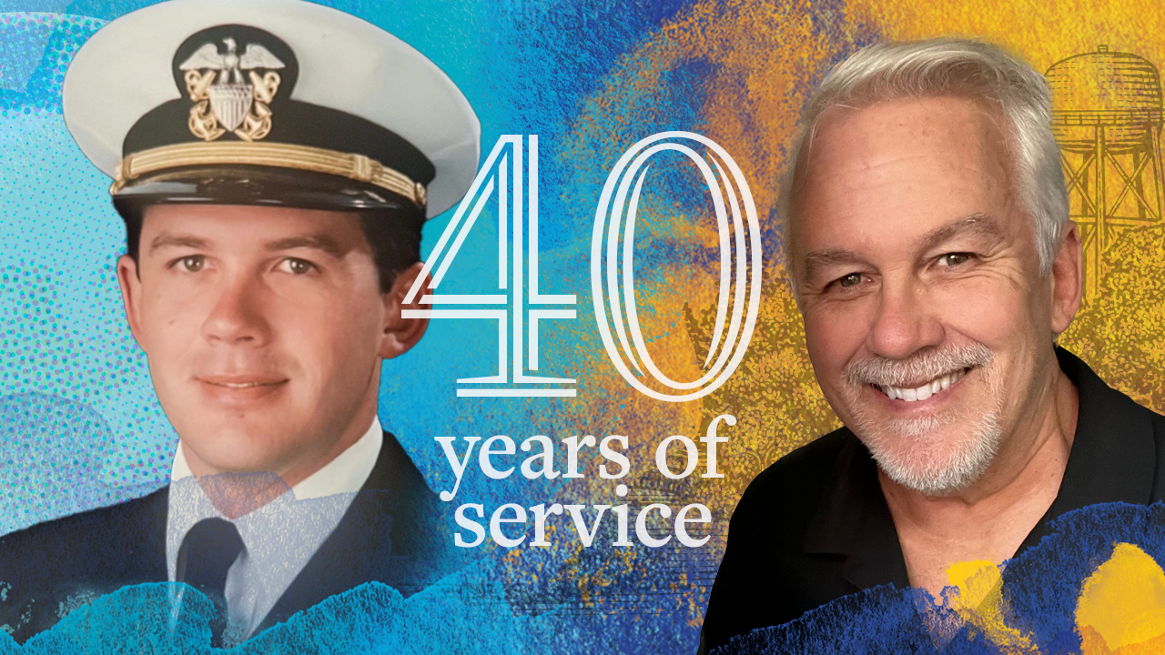 Composite image of Blair posing in a Navy uniform and Blair posing in a blue polo with text that reads "40 years of service"