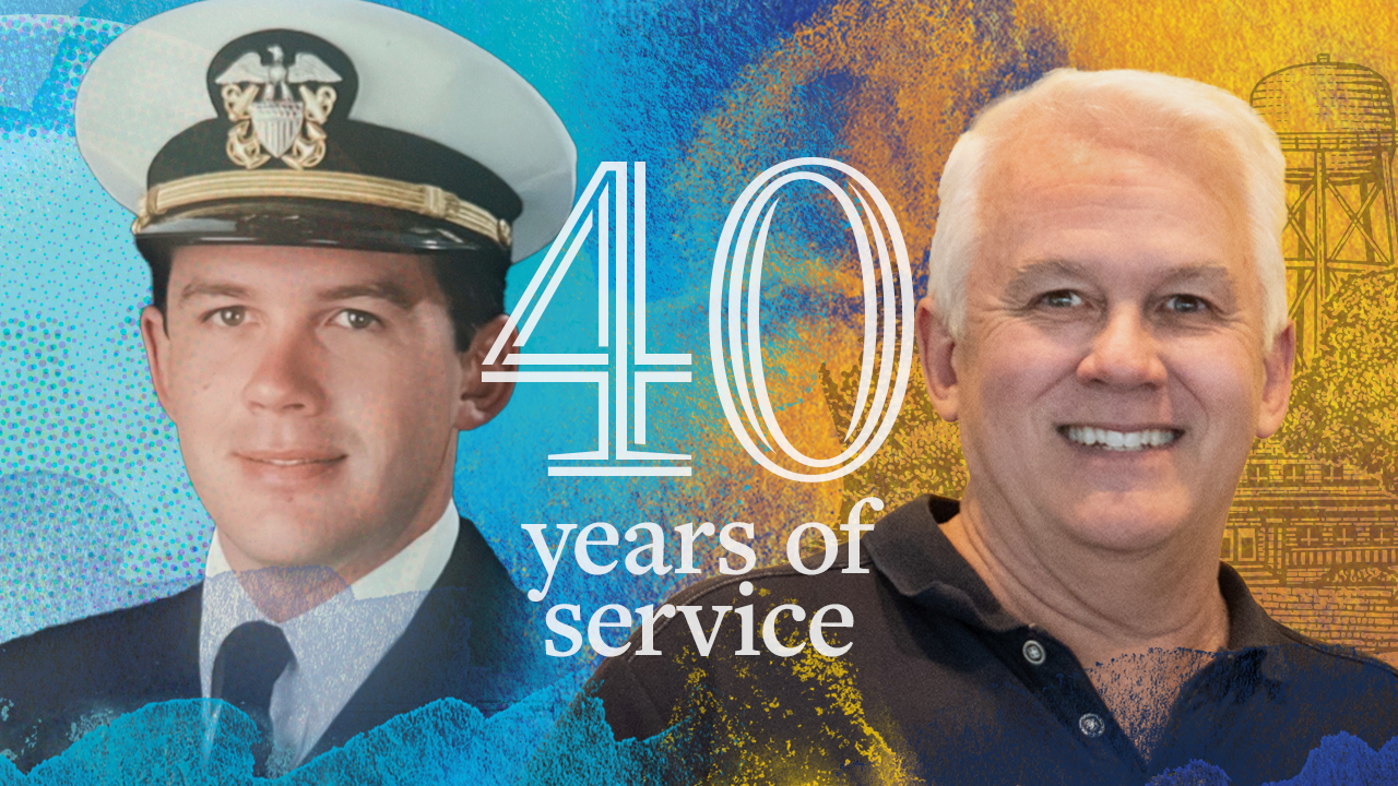 Composite image of Blair posing in a Navy uniform and Blair posing in a blue polo with text that reads "40 years of service"