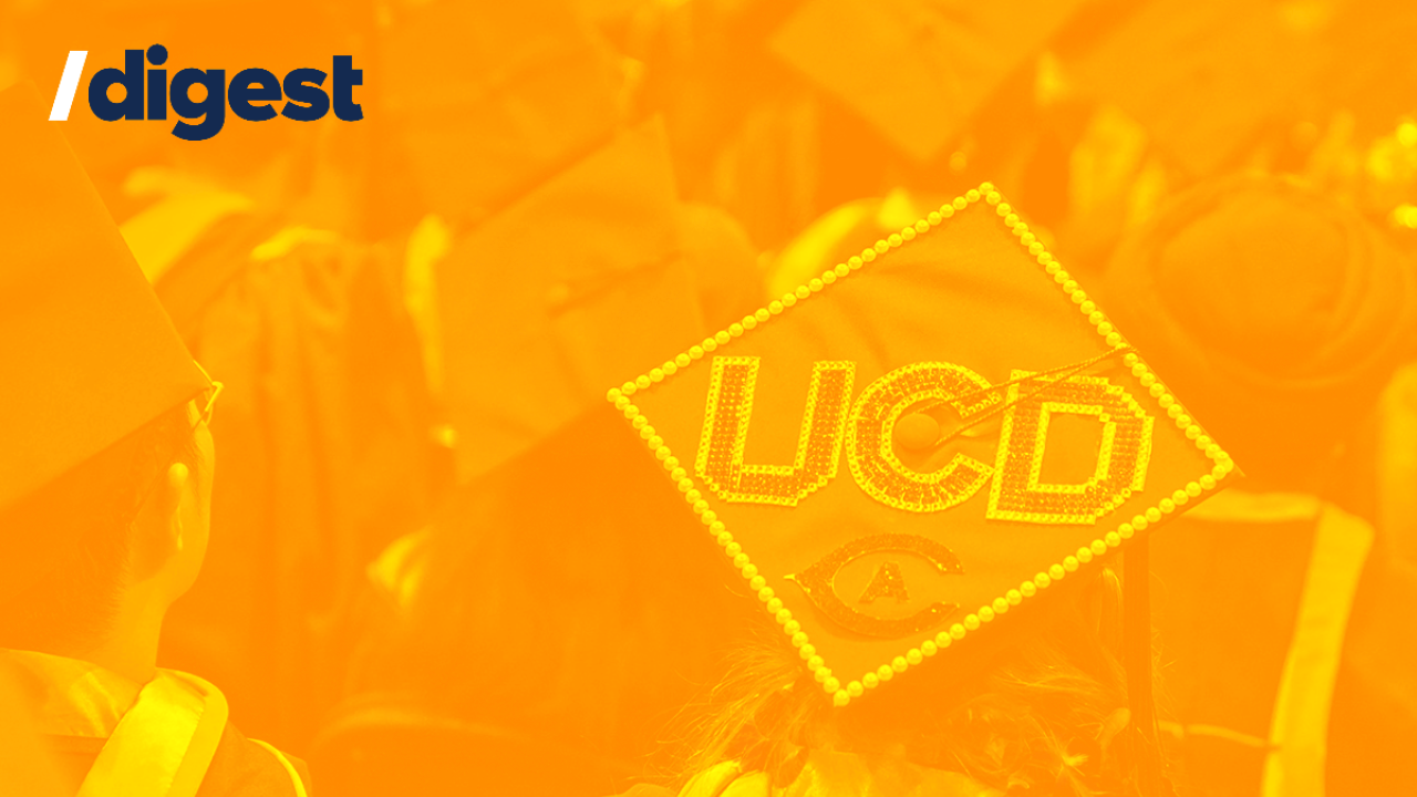 /digest graduation cap decorated with a bedazzled UCD wordmark