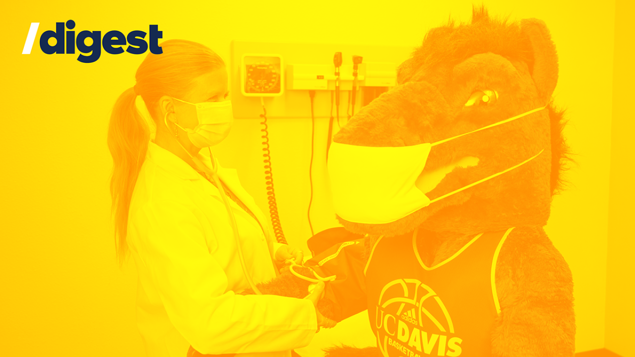 Gunrock wears a face covering while a person in a lab coat takes the mascot's blood pressure