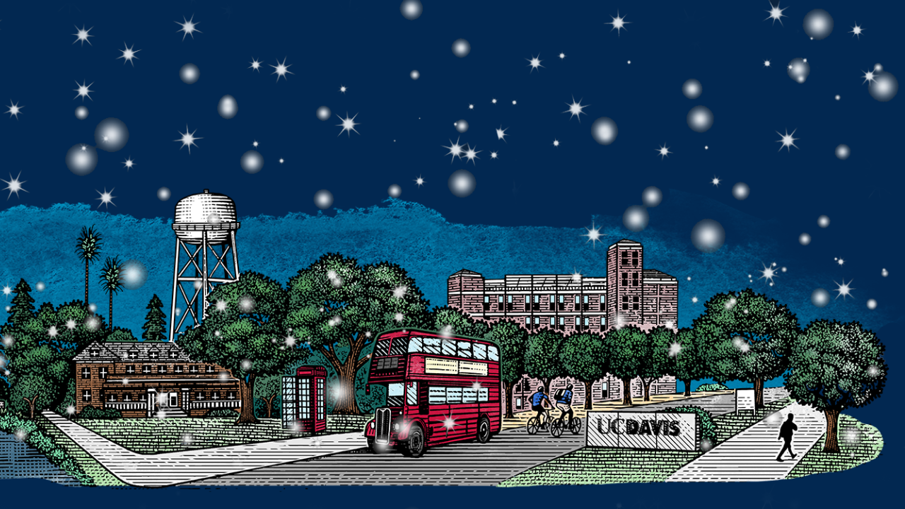 illustration of campus with snowflakes