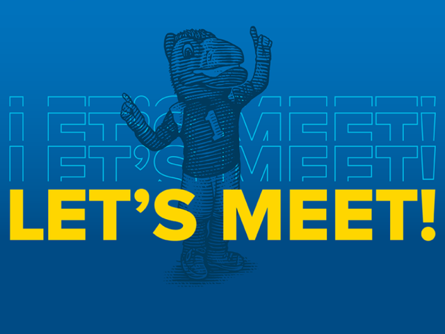 Let's Meet! with dancing Gunrock wearin a mask in the background