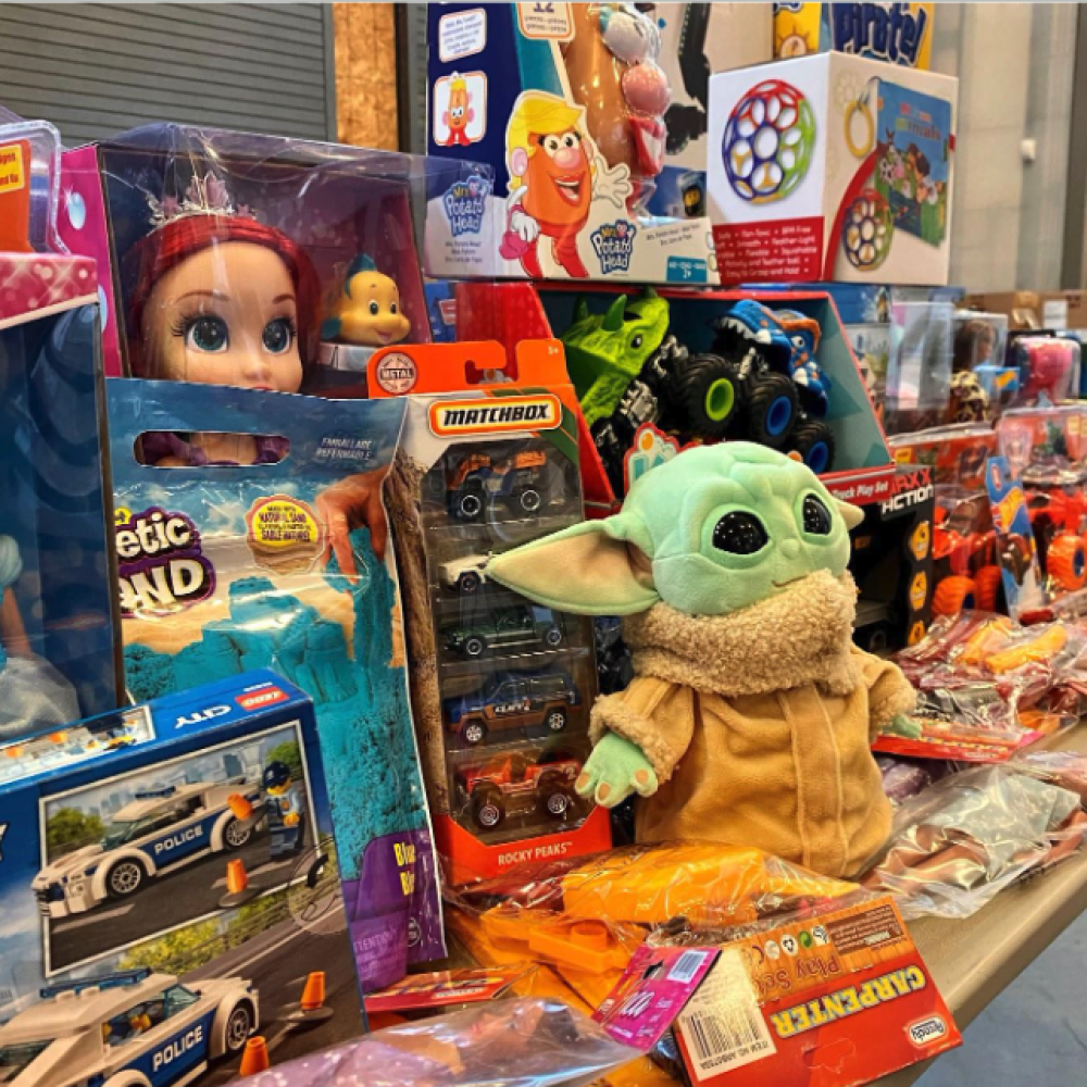 closeup on group of donated toys