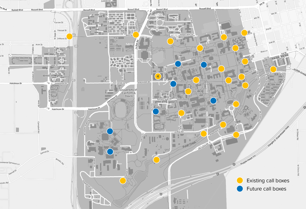 UC Davis map with emergency call box locations now and in future