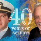 Composite image of Blair posing in a Navy uniform and Blair posing in a blue polo with text that reads "40 years of service"