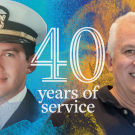 Composite image of Blair posing in a Navy uniform and Blair posing in a blue polo with text that reads "40 years of service"