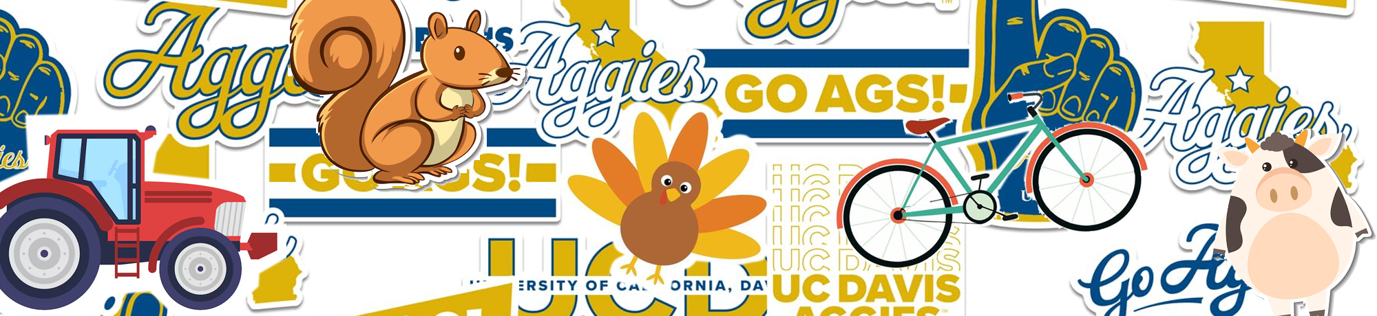 decorative image of uc davis logos mixed with illustrations of turkeys, cows, bike and tractors