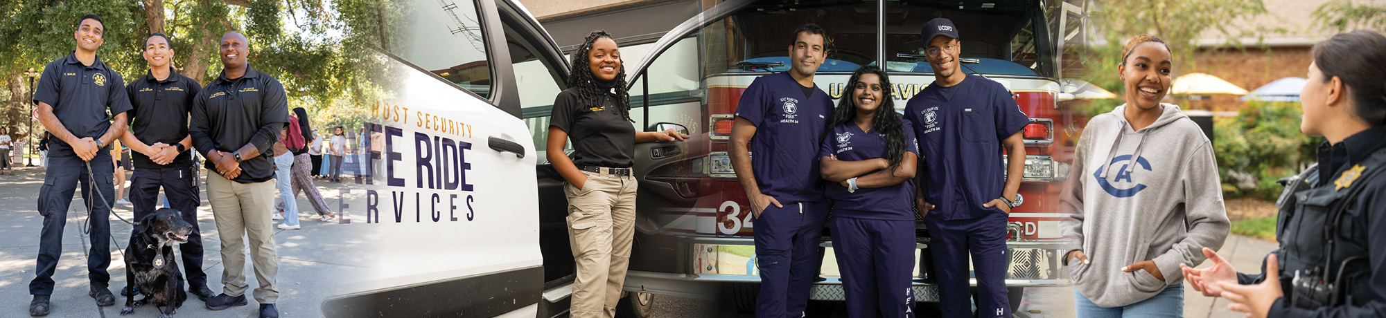 Photo collage showing CORE officers, Aggie Hosts, Health 34 workers and a police officer interacting with a student